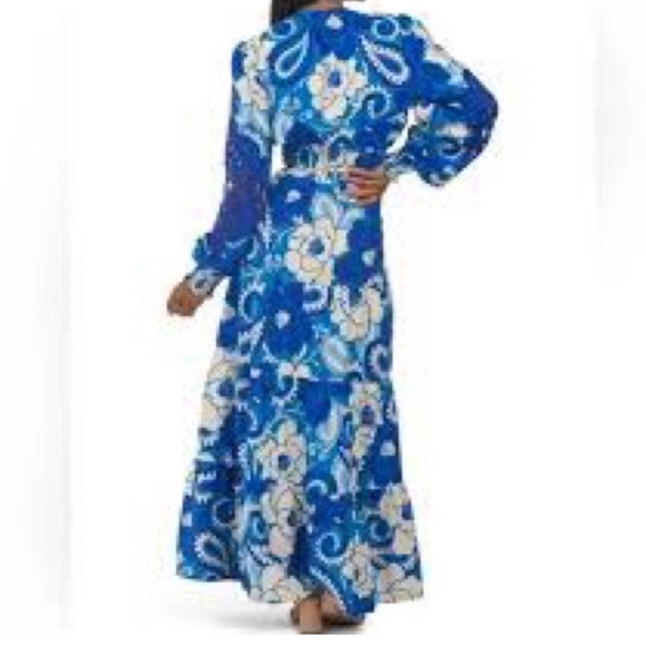 House of Harlowe 1960 Blue Cream Floral Paisley Repeat Top Maxi Skirt Set Linen - Picture 9 of 15